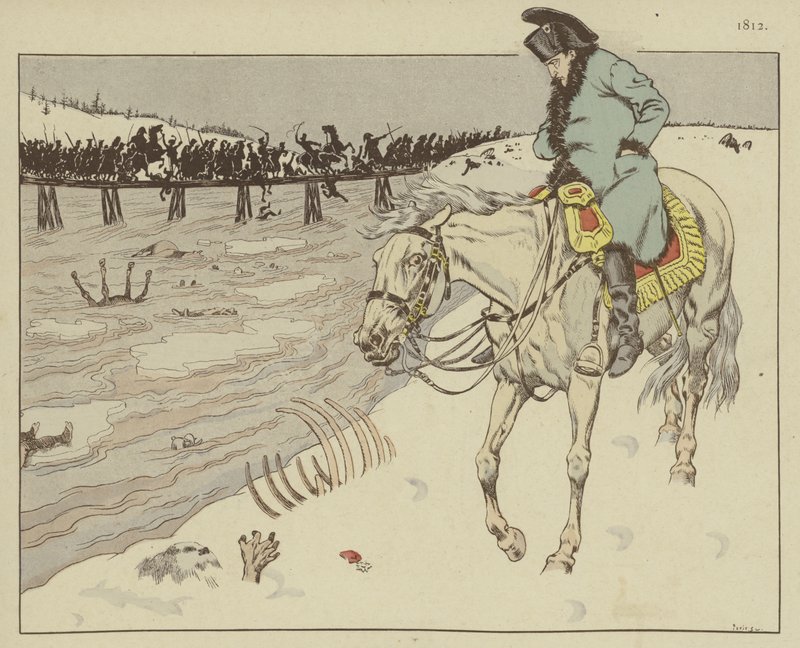 ナポレオンは、1812年のモスクワからの撤退で彼のグランドアルミーの残骸がベレジナ川を横切るのを見ている 作： オンフレ・ド・ブレヴィルの仕事