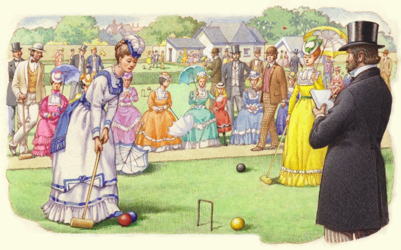 ウィンブルドンのオール・イングランド・クラブでのクロケット・ゲーム（紙にグワッシュ） 作： パット（1907-95）ニコル