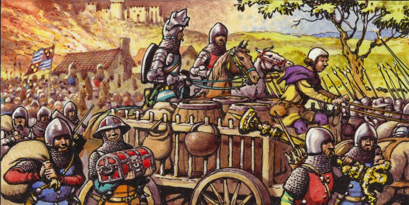 1359年、バル＝シュル＝セーヌの町を焼く（紙にグワッシュ） 作： パット（1907-95）ニコル