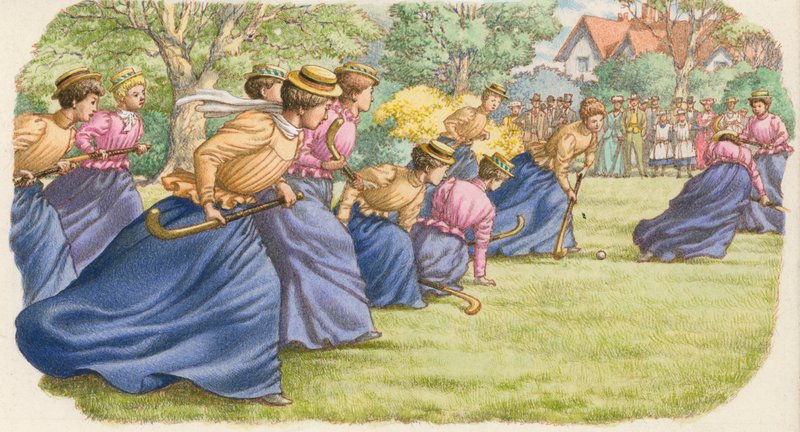 ロングスカートの女性がプレーするホッケー（紙にグワッシュ） 作： パット（1907-95）ニコル