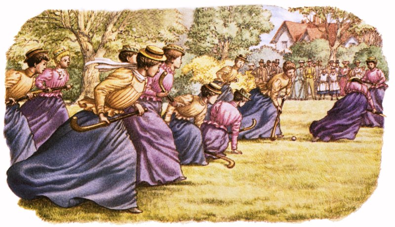 ロングスカートの女性がプレーするホッケー 作： パット（1907-95）ニコル