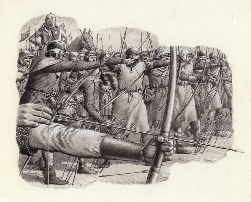 フォルカークの戦いの弓兵（紙にグワッシュ） 作： パット（1907-95）ニコル