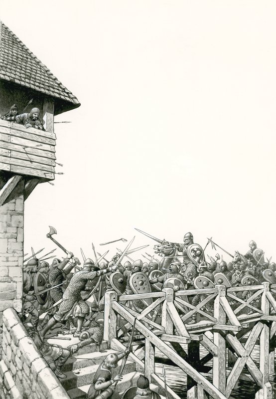 ノルマン・コンクエスト：テムズ川を進む軍隊（紙にグワッシュ） 作： パット（1907-95）ニコル