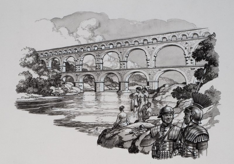 ローマ水道橋（紙にグワッシュ） 作： パット（1907-95）ニコル