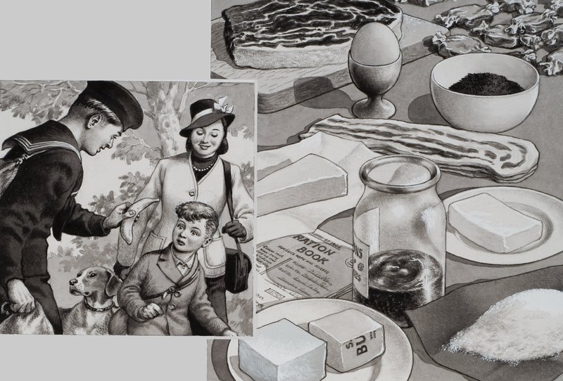 戦時中の食糧（紙にグワッシュ） 作： パット（1907-95）ニコル