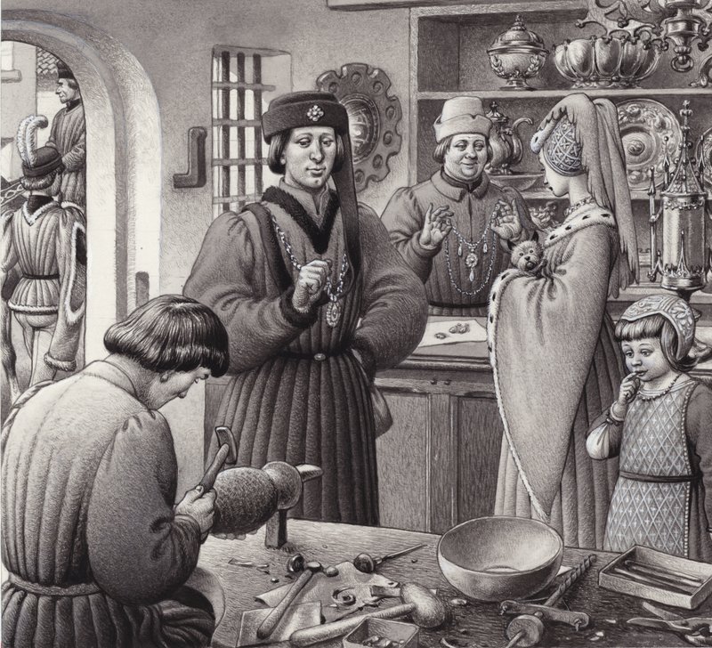 15世紀イタリアの金細工店（紙にグワッシュ） 作： パット (1907-95) ニコル