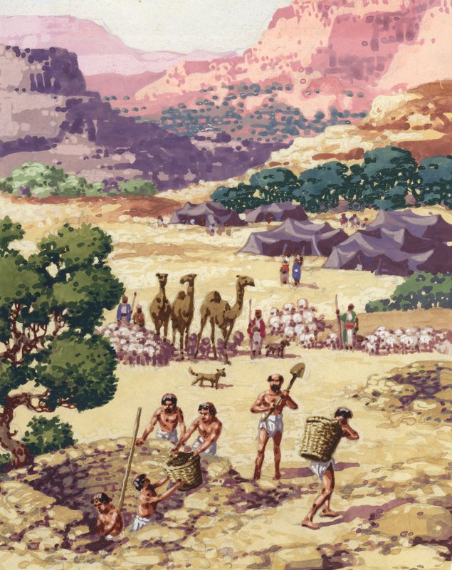 ベテルに定住するアブラムとその家族、従者たち（紙にグワッシュ） 作： パット (1907-95) ニコル