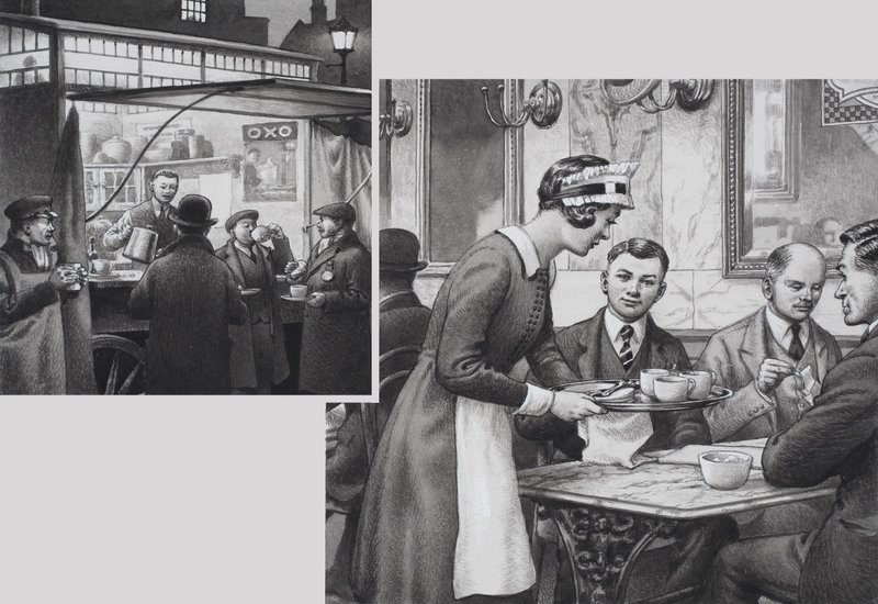 エドワーディアン・コーヒー屋台と喫茶店（紙にグワッシュ） 作： パット (1907-95) ニコル