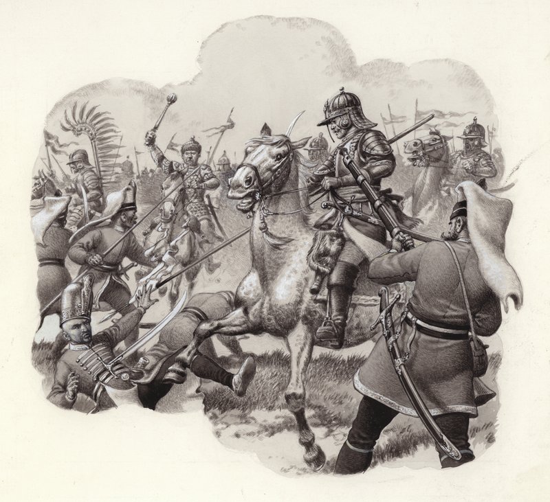 1683年、ウィーンでトルコのヤニサリー連隊と戦うポーランド騎兵隊（紙にグワッシュ） 作： パット (1907-95) ニコル