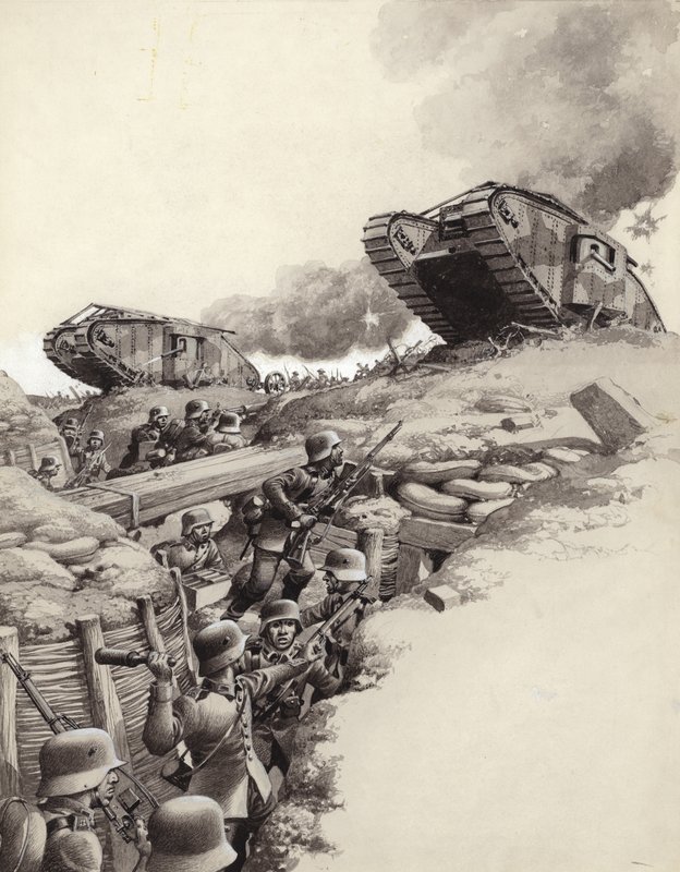大戦中、ドイツ軍の塹壕の上を転がる戦車（紙にグワッシュ） 作： パット (1907-95) ニコル