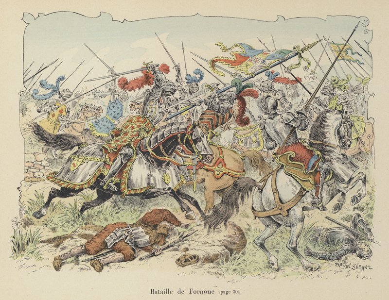 1495年イタリア、フォルノヴォの戦いでスペイン人と戦ったシュヴァリエドベヤード 作： ポール・ド・セマン