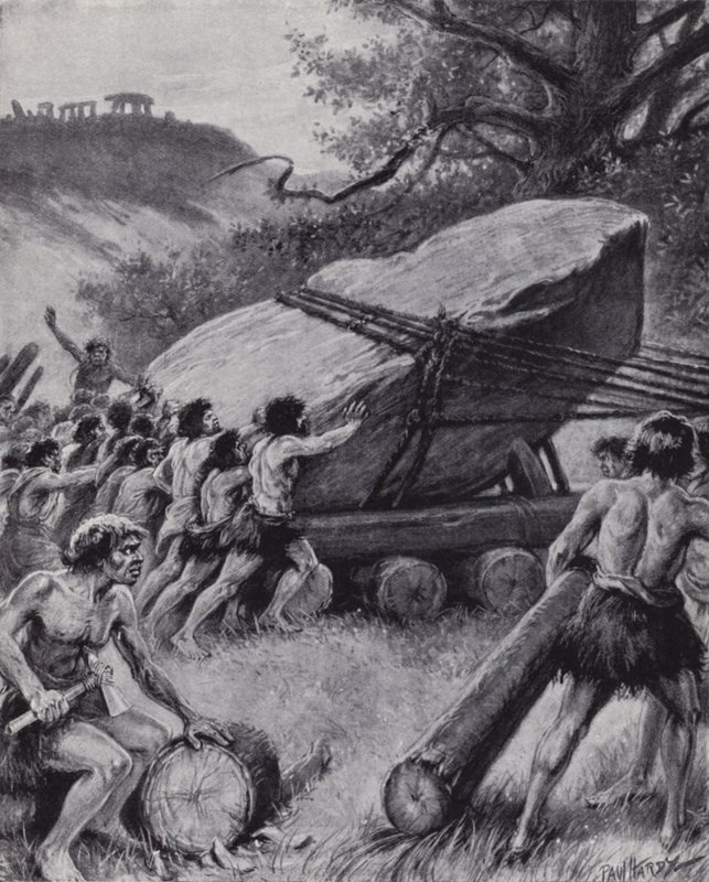 旧石器時代の人々が巨大な岩盤を車輪で移動させている様子（リトグラフ 作： ポール（後）・ハーディ