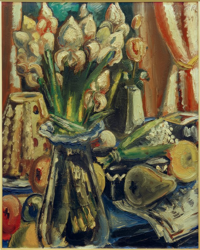 アイリスの花束のある静物画
