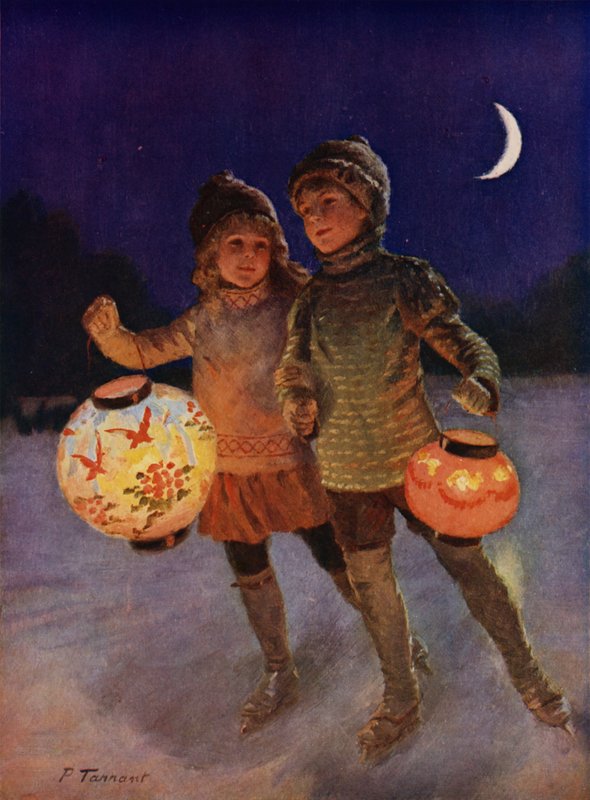 夜に妖精のランタンでスケートをする男の子と女の子（カラーリソ） 作： パーシー・タラント