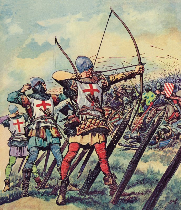 クレシーの戦い」でのイングランドの弓使い（カラーリトグラフ 作： ピータージャクソン