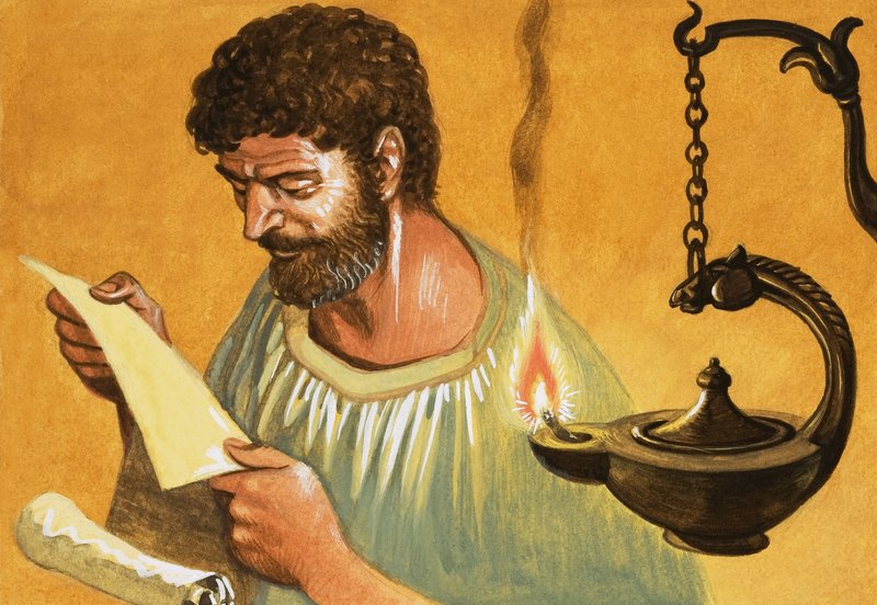 光あれ！ギリシャ語の男がランプの光で読書 作： ピータージャクソン