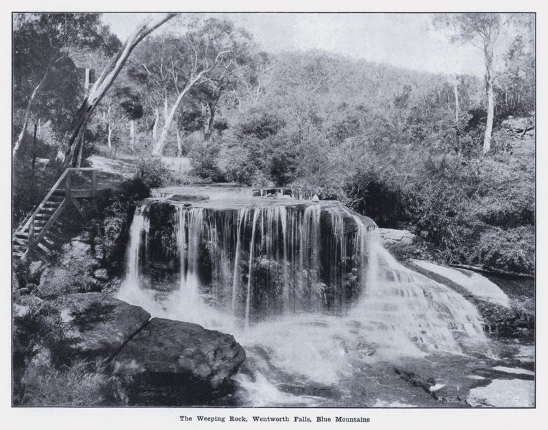 ブルー・マウンテンズ、ウェントワース・フォールズ、ウィーピング・ロック（白黒写真）(The Weeping Rock, Wentworth Falls, Blue Mountains) 作： 写真家オーストラリア人