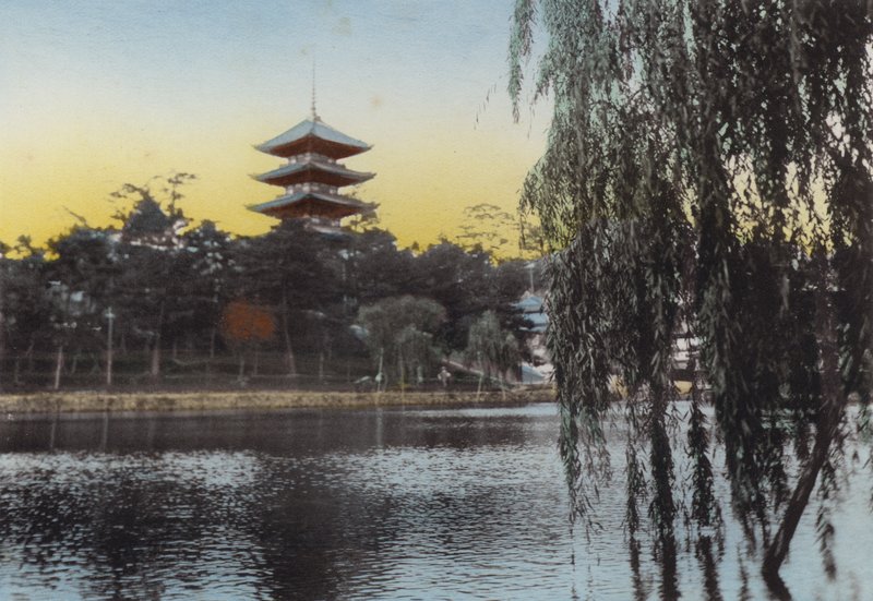 日本、1912年頃。猿沢池から奈良のパゴダを望む（写真 作： 写真家日本人