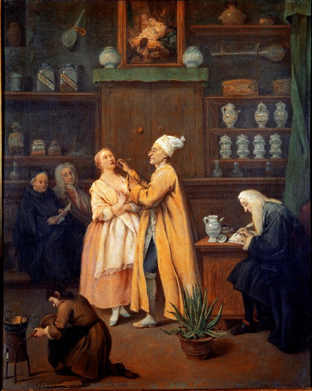 薬剤師。ピエトロ・ロンギ（1702-1785）による絵画。1752年（前景に