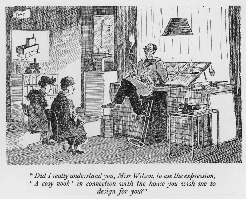 "ミス・ウィルソン、あなたが私に設計を依頼する家について、「居心地の良い部屋」という表現を使うことを、私は本当に理解していましたか？"(リトグラフ) 作： ポン