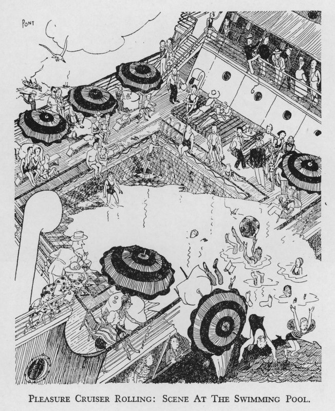 プレジャー・クルーザーが転がる様子、プールの様子（リトグラフ 作： ポン