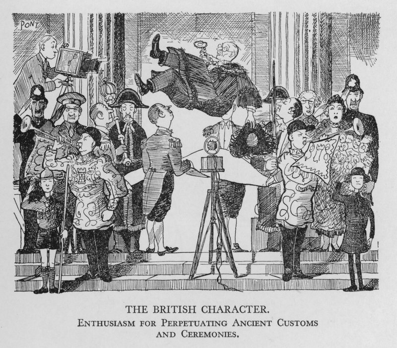 古くからの習慣や儀式を継承することに熱心な英国人気質（リトグラフ 作： ポン
