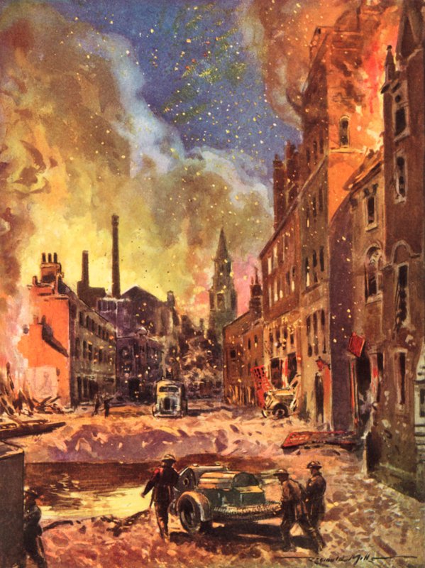 Bombeiros do British National Fire Service durante a guerra inspecionando uma grande cratera de bomba durante a Blitz, Segunda Guerra Mundial 作： レジナルド・ミルズ