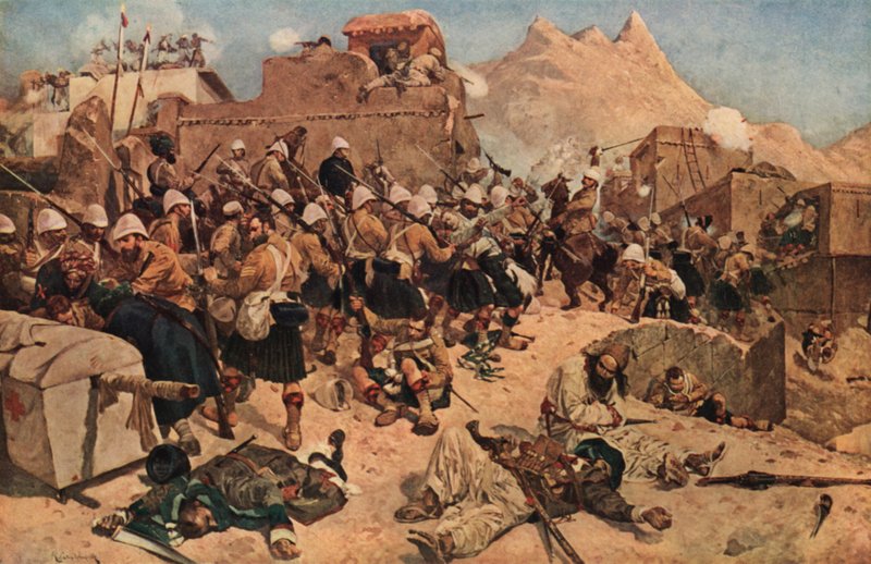1880年、アフガニスタンのカンダハールでガウディムラーサヒブダッドを襲撃した92人のハイランダーと2人目のグルカ 作： リチャード・ケイトンIIウッドビル