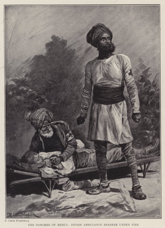 The dangers of mercy, Indian Ambulance Bearers under fire (litho) 作： リチャード・ケートンII（後）ウッドビル