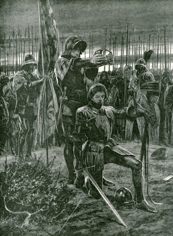 1485年8月22日、ボスワースの戦場でのスタンリー卿によるヘンリー7世の非公式の戴冠式 作： リチャード・カトン・ウッドビル・ジュニア
