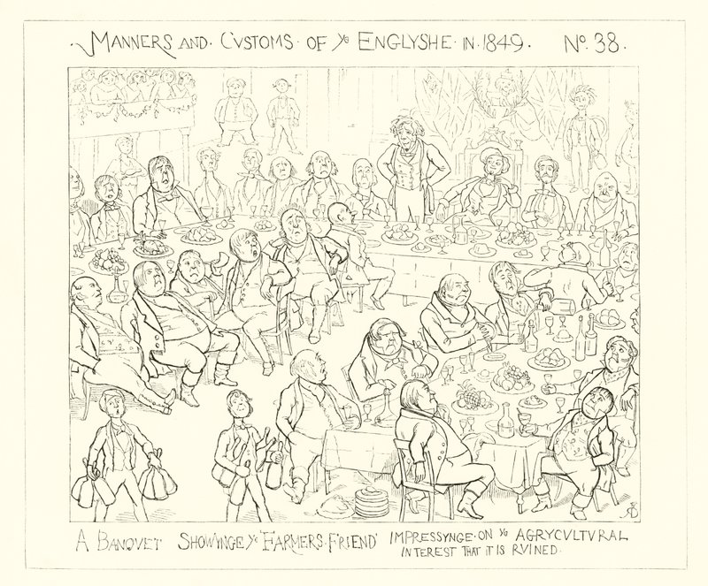 1849年、農民の友人が農業の利益に感銘を与え、破壊されたことを示す宴会 作： リチャード・ドイル