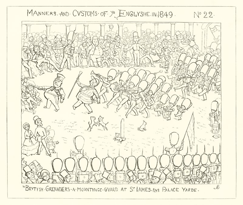 1849年、セントジェームズパレスヤードでイギリスの手榴弾が乗った警備員 作： リチャード・ドイル