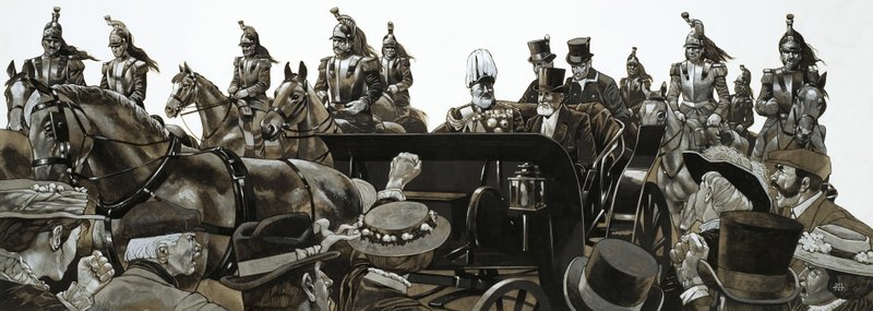エドワード国王が車でパリを通過する際、群衆は嫉妬とブーイングを浴びせた 作： リチャード・フック