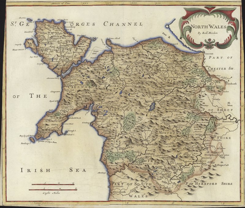 北ウェールズの地図（カラー彫刻） 作： ロバート・モーデン