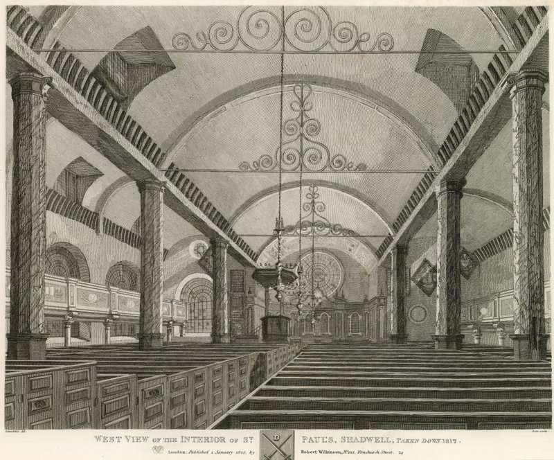 1817年に取り壊されたロンドンのシャッドウェルのセントポールズ内部の西側の景色 作： ロバート・ブレメル・シュネブリー