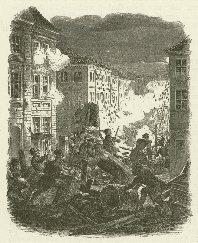 1848年3月18〜19日の夜にベルリンのケルン市庁舎の外のバリケードで戦う 作： ロバート・クレッチマー