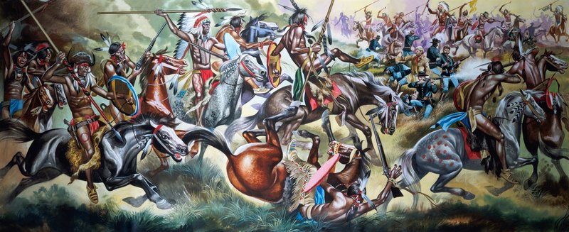 ネイティブ・アメリカン・インディアンと兵士の戦い（紙にグワッシュ） 作： ロン・エンブルトン