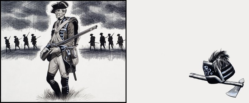 アメリカ独立戦争当時のイギリス兵（紙にグワッシュ） 作： ロン・エンブルトン