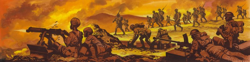 ケレンの戦い、イギリス軍のインド軍とスーダン軍の勝利（紙にガッシュ） 作： ロン・エンブルトン