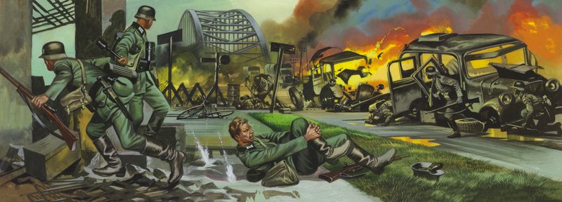 アルンヘムの戦い（紙にグワッシュ） 作： ロン・エンブルトン