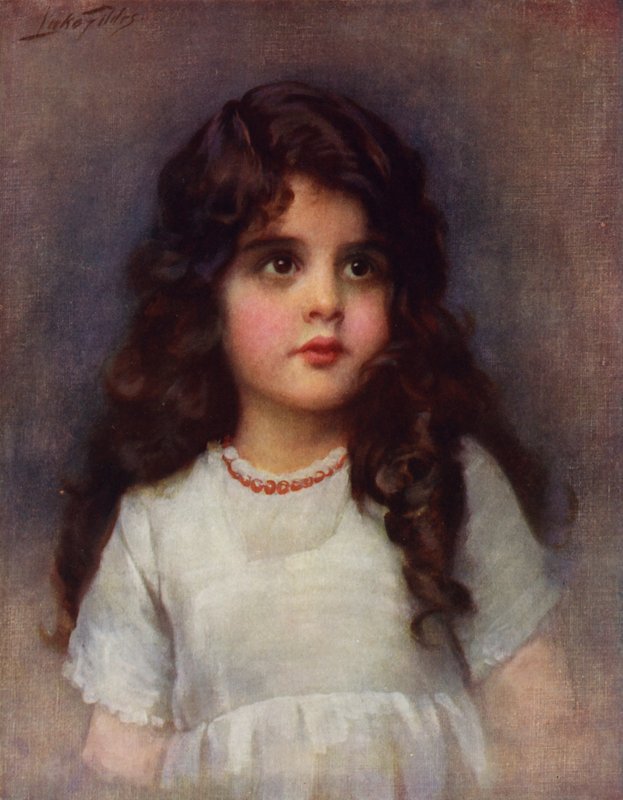 Curly Locks: 長く暗い巻き毛のかなり若い女の子のポートレート (リソ色) 作： サミュエル・ルーク（後）フィルデス