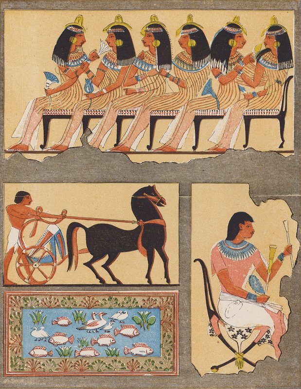 古代エジプト、テーベの墓のフレスコ画（カラーリトグラフ） 作： 学校エジプト人