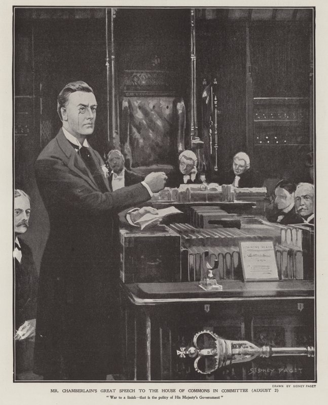 1901年8月2日、下院で行われたボーア戦争に関するジョセフ・チェンバレンの演説（リトグラフ）。 作： シドニーパジェット