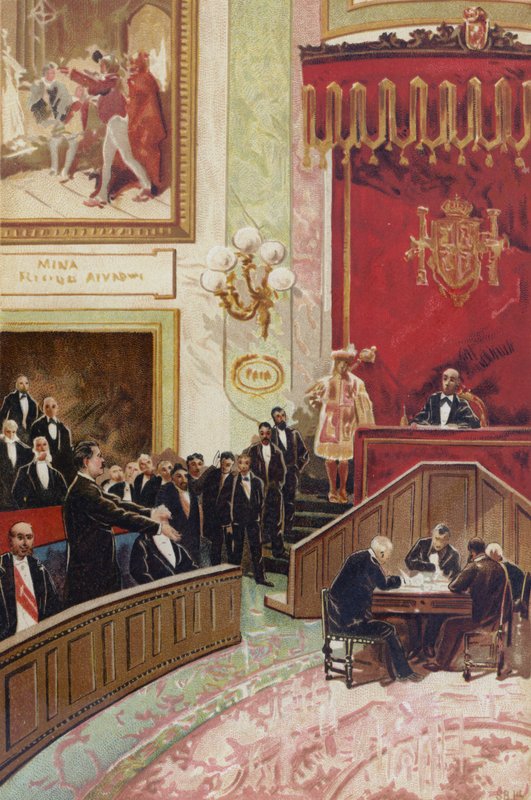 1873年2月11日、マドリードのコルテスでの最初のスペイン共和国の宣言 作： スペイン語学校