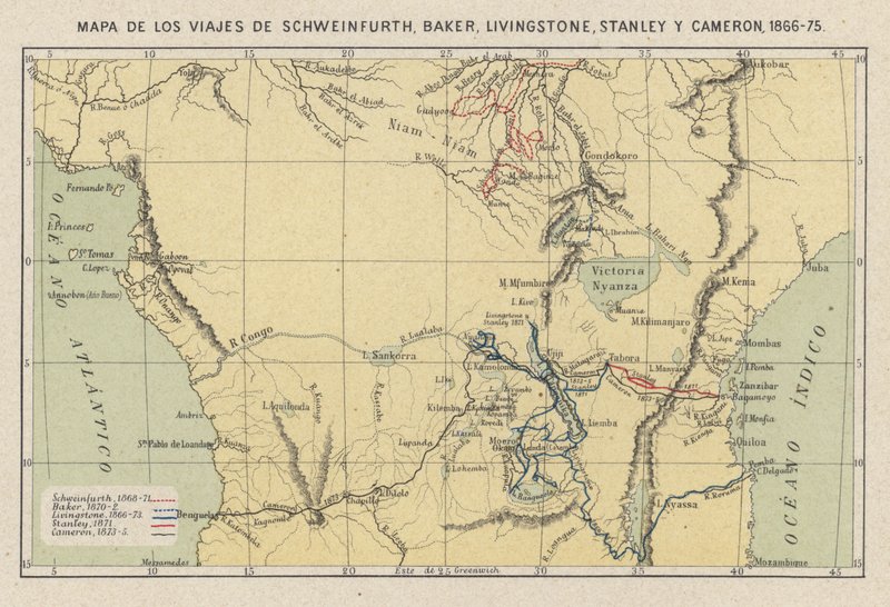 探検家Georg August Schweinfurth、Samuel Baker、David Livingstone、Henry Morton Stanley、Verney Lovett Cameronのアフリカでの旅を示す地図。 作： スペイン語学校