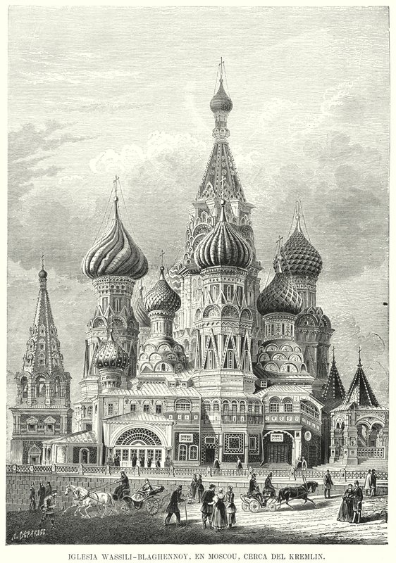 ロシア・モスクワ、赤の広場、聖ワシリー大聖堂（リトグラフ版 作： スペイン語学校