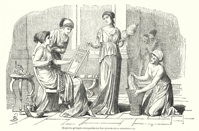 古代ギリシャで家事をする女性たち（リトグラフ 作： スペイン語学校