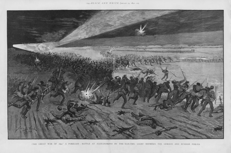 アレクサンドロヴノの戦い」は、ロシアとドイツの戦争で、夜の戦場を電光で照らす戦闘シーンをイメージしたもの（リトグラフ）。 作： スタンリーL.（後）ウッド