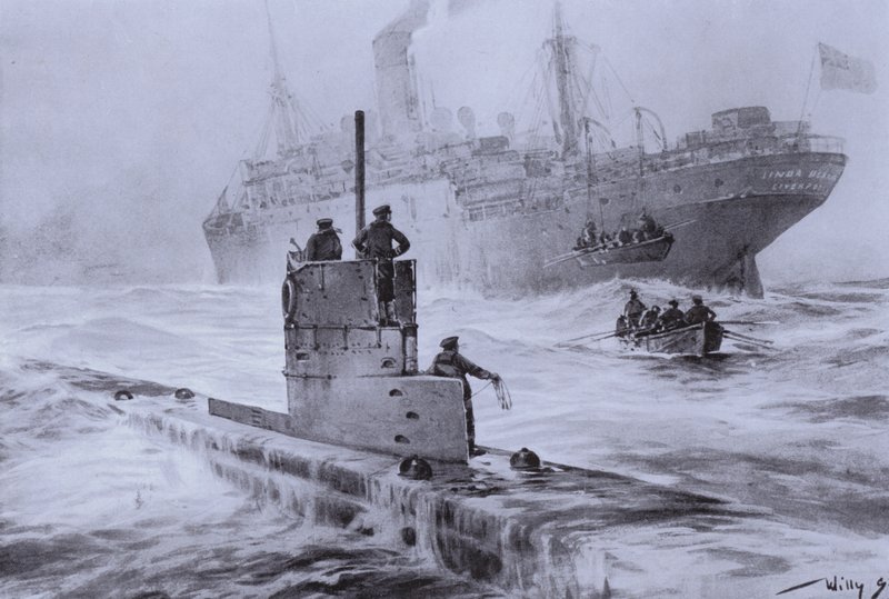 第一次世界大戦、1915年1月30日、リバプール沖でのドイツ潜水艦U-21によるイギリス商船リンダ・ブランシュの沈没（リトグラフ 作： ウィリー・ストワー