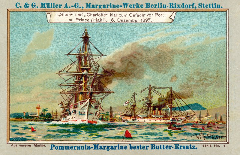 1897年12月6日、リューダース事件の間にハイチのポルトープランス港にいたドイツの軍艦シュタインとシャーロット（クロモリト） 作： ストーワーウィリー